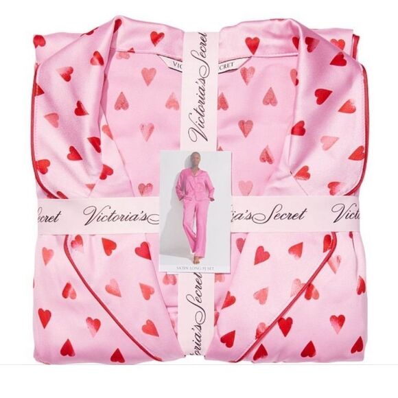 Victorias Secret Supersoft Heart SATIN button down top & bottoms pant pajama Set - Picture 2 of 4